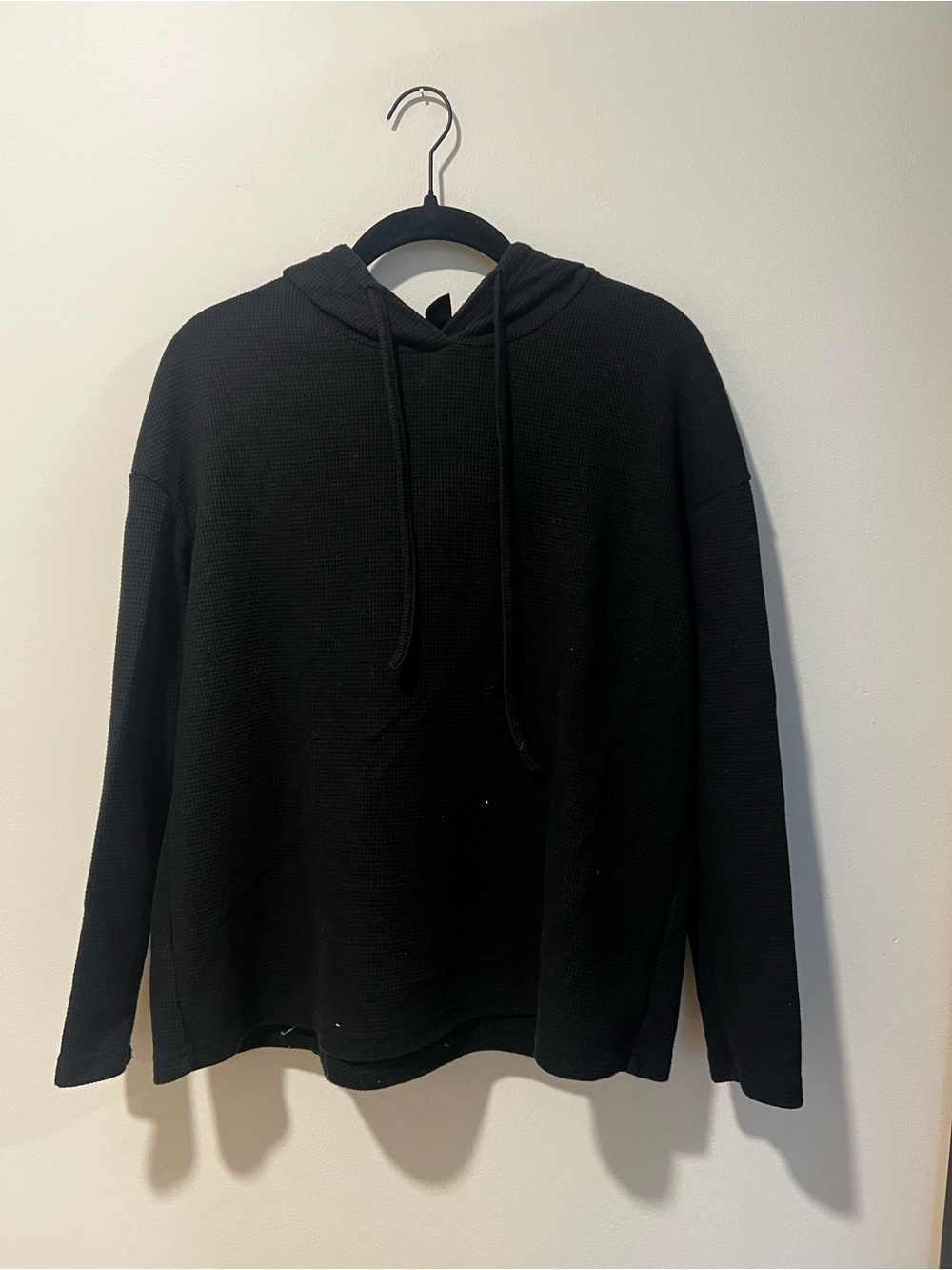 SHEIN Black Waffle-Knit Hooded Long Sleeve Shirt & Pants Set